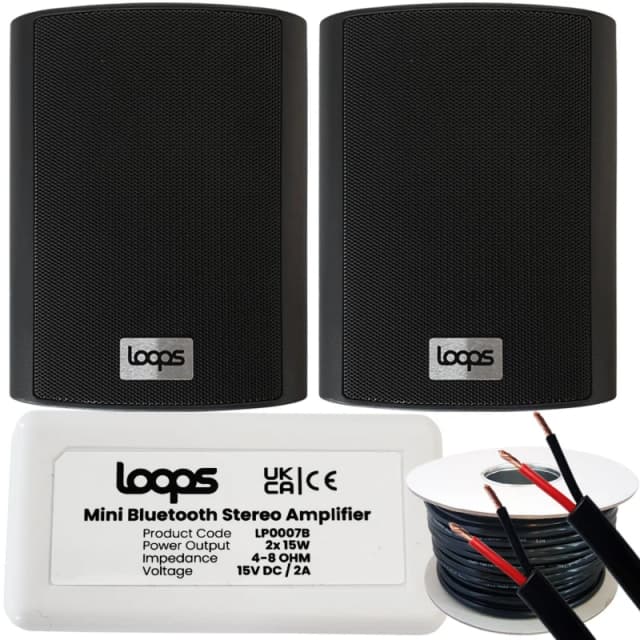 Loops Garden Party BBQ Outdoor Speaker Kit Wireless Mini Stereo Amp & 2 Black Speakers Black unisex
