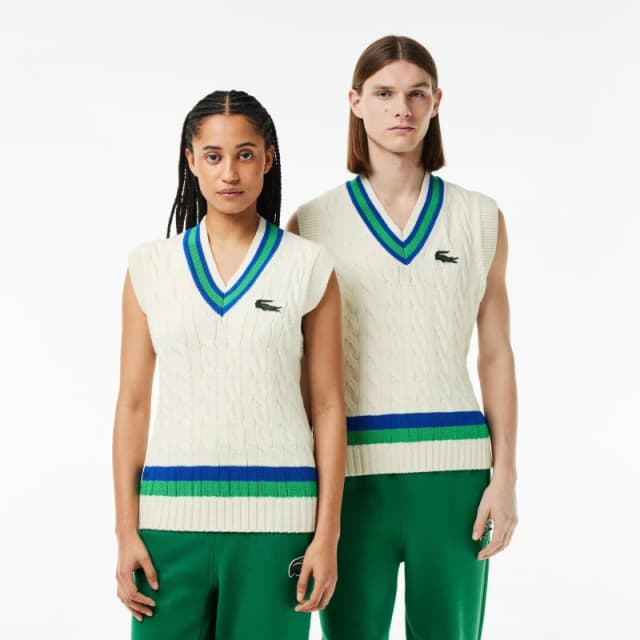 Lacoste Mens V-Neck Cable Knit Sweater Vest Flour/Cobalt male S