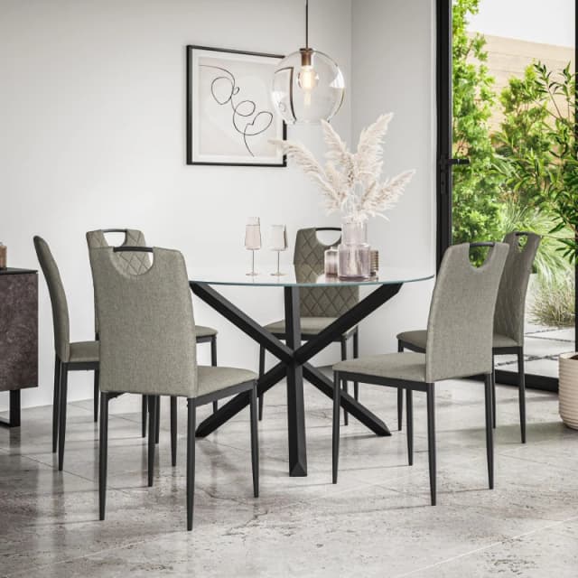 More4Homes Malvern Round Dining Table And Chairs - Clear Glass Table Top W Solid Oak Black Legs + Monza Fabric Dining Chair Set Of 6 (Grey)