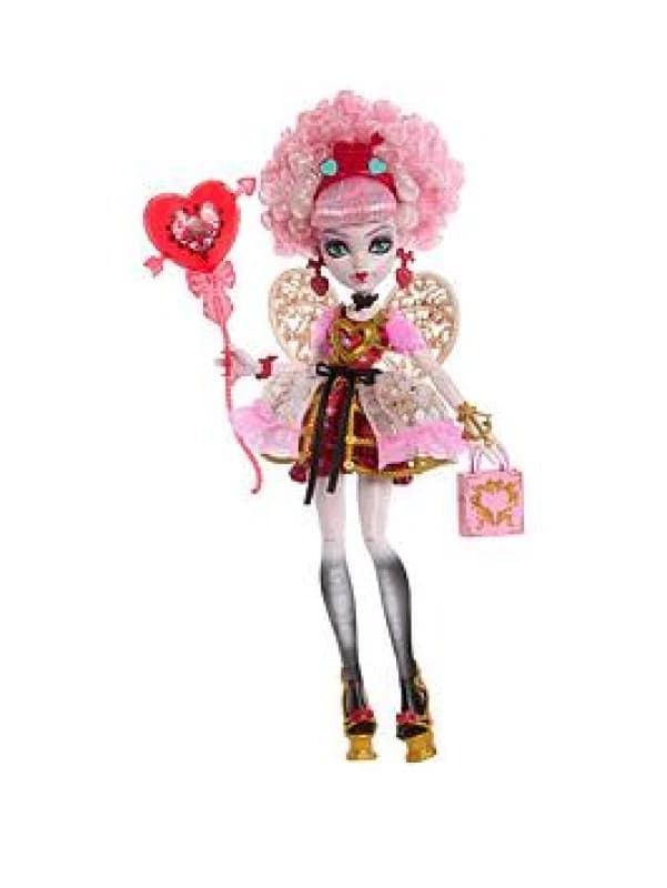 Monster High Scary Sweet Birthday Doll Cupid Asteria in Pink and Red Party Dress with Themed Accessories like Invite Balloon Gift and More JBG77 R