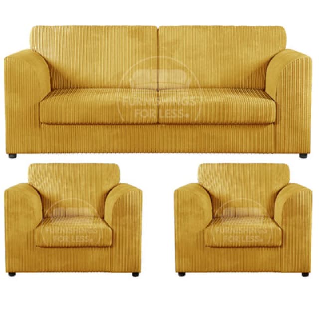 Furnishings For Less UK Luxor Jumbo Cord 3 + 1 + 1 Fabric 3 Piece Sofa Suite - Fullback Mustard