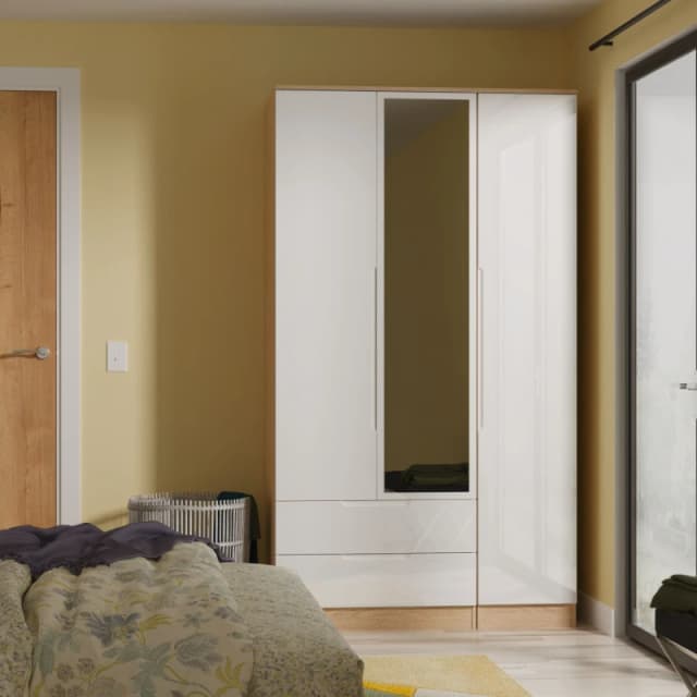Welcome Furniture Ready Assembled Milan Tall Triple 2 Drawer Mirrored Wardrobe In White Gloss & Bardolino Oak, White MIL142WGBO