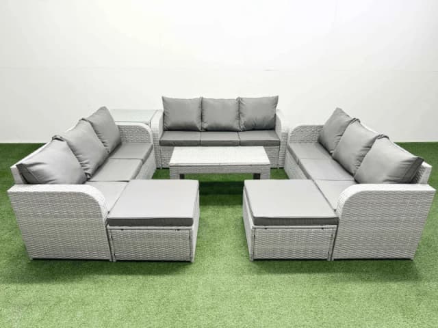Fimous PE Rattan Lounge Sofa Set 11 Seater Outdoor Garden Furniture Set with Oblong Coffee Table 3 Seater Sofa 2 Big Footstools Side Table Light Grey