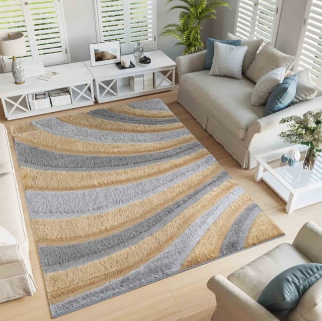 Modern Soft Waves Shimmer Shaggy Area Rugs Ochre 60X220 Cm