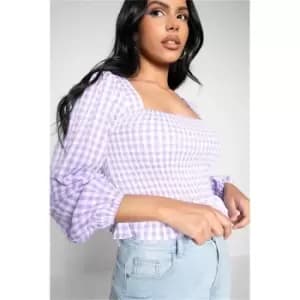 I Saw It First Lilac Gingham Square Neck Puff Sleeve Frill Hem Shirred Crop Top - Purple