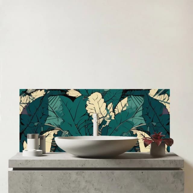 Warren Reed - Designer Green Beige Tropical Leaves Glass Bathroom Splashback Green Unisex
