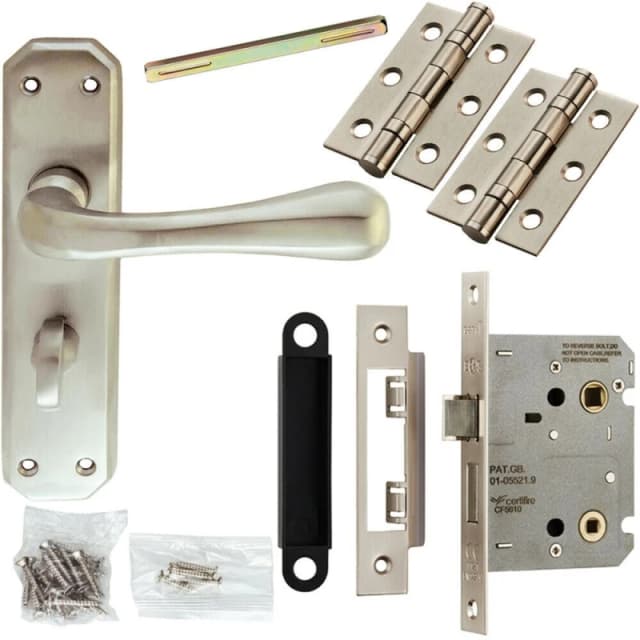 Loops Door Handle & Bathroom Lock Pack Satin Chrome Heavy Duty Prism Thumb Backplate Multi