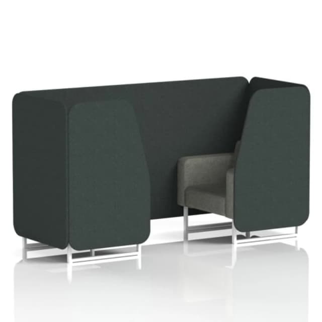Brixworth 2 Seater Office Booth with Front Panel - White Legs in Rivet Fabric - Charcoal Panels and Vitreous Sofa