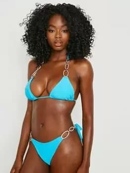 Boohoo Diamante Trim Triangle Bikini Top - Turquoise, Blue, Size 12, Women