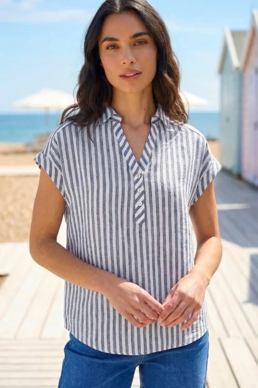 Roman Womens Stripe Print Button Front Top in Blue Size: 14 Blue Female 14