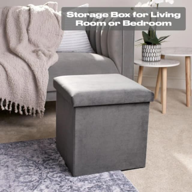 OHS OHS Folding Ottoman Storage Box Footstool Tub Space Saving Velvet Seat in Charcoal Charcoal One Size Unisex 5027434165964