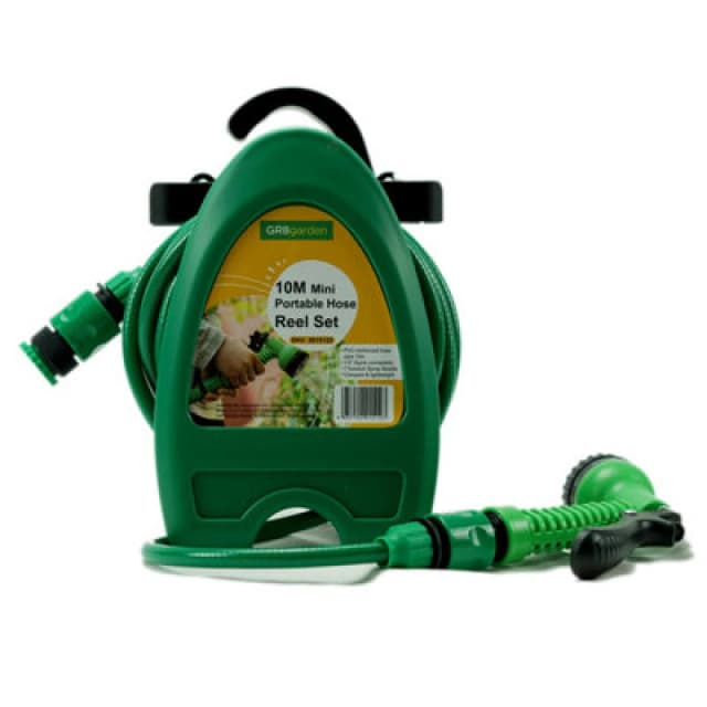 Gr8 Garden Garden 10M Hose Reel Watering Gun Compact Portable Hose Pipe Cart Sprayer Green
