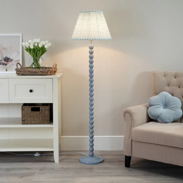 ValueLights Bobbins Powder Blue Floor Lamp with Tapered Fabric Pleated Shade Green