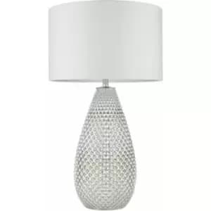 Modern Textured Table Lamp Chrome Glass Base & White Shade Bedside Feature Light