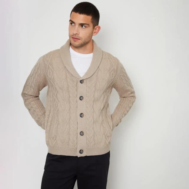 Threadbare 'Finchley' Cable Knit Shawl Collar Cardigan With Wool Stone