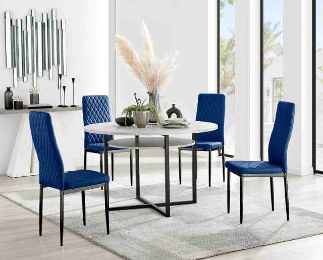 FurnitureboxUK FurnitureboxUK Adley Grey Concrete Effect And Black Round Dining Table with Shelf and 4 Velvet Milan Dining Chairs in Navy Navy One Siz