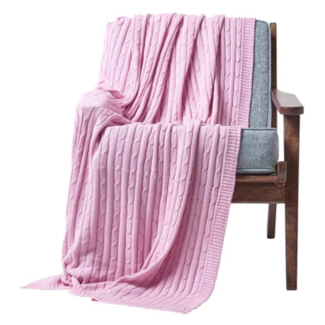 Homescapes Cotton Cable Knit Pastel Pink Throw, 130 X 170 Cm