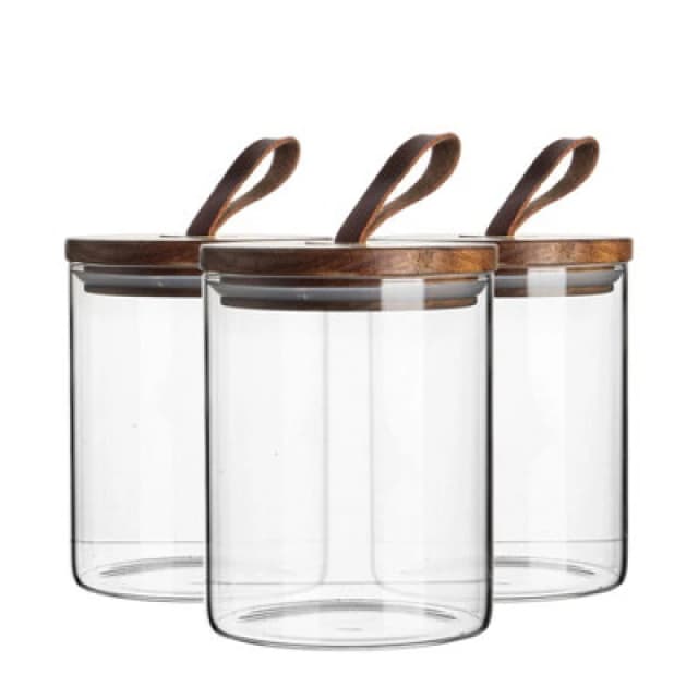 Argon Tableware Scandi Storage Jar with Leather Loop Lid 750ml Pack of 3 Clear