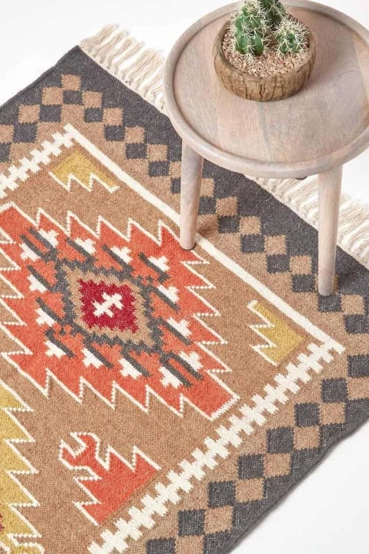 Homescapes Jaipur Handwoven Brown And Orange Patterned Kilim Wool Rug, 90 X 150 Cm