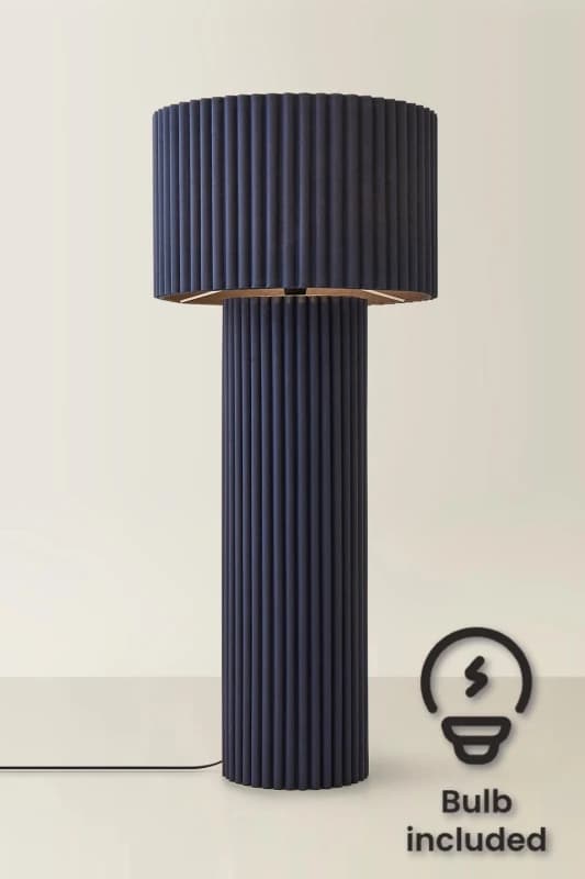 ValueLights ValueLights Lenny Drum Shade Colour Drench Ribbed Fabric Midi Floor Lamp with Bulb in Navy Navy One Size Unisex 5059406066528