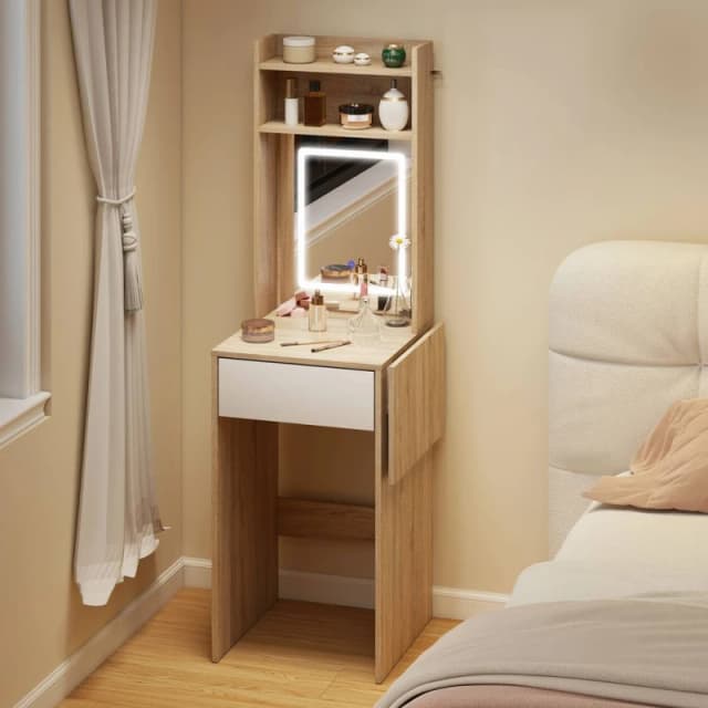 HOMCOM Compact Dressing Table with Lighted Mirror Open Shelves Drawer in Natural Natural Unisex