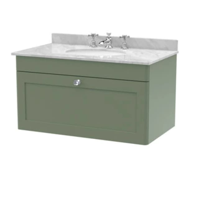 NUIE Classique Satin Green 800mm Wall Hung Single Drawer Vanity Unit with Grey Marble Countertop and Round Basin with 3 Tap Holes - CLC896GR3 - Nuie C