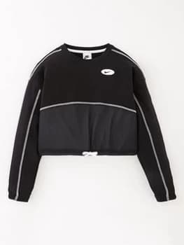 Nike Older Girls NSW Crop Jersey Crew Neck Sweatshirt - Black/White, Size L=12-13 Years, Women