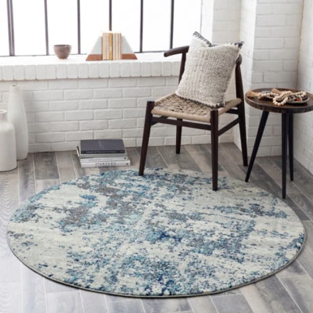 Livabliss Round Abstract Modern Marble Navy/aqua Sarah Area Rug 160 X 160 Cm - Easy Care, Non Shedding, Ideal For Living Room & Bedroom