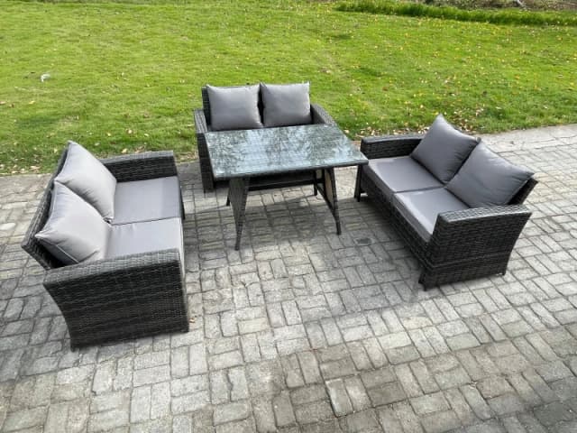 Fimous 6 Seater Rattan Wicker Garden Furniture Patio Conservatory Sofa Set with Rectangular Dining Table Love Seat Sofa in Dark Grey Dark Grey Unisex
