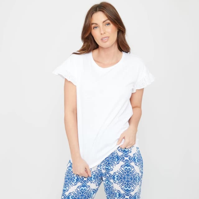 Be You Broiderie Sleeve Pyjama Top - White White 8