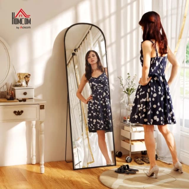 HOMCOM Full Length Mirror with Aluminium Alloy Frame Hanging or Leaning Black 831-740V02BK