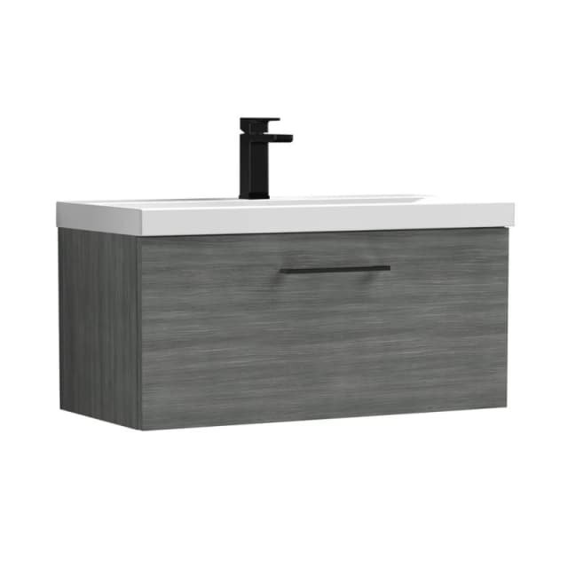 Balterley 800mm Wall Hung 1 Drawer Vanity, Woodgrain Anthracite, Black Handle in Grey Grey Unisex