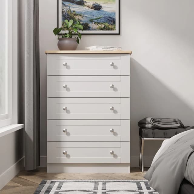 Welcome Furniture Ready Assembled Sussex 5 Drawer Chest In Grey Ash & Bardolino Oak, Grey SUS012GABO