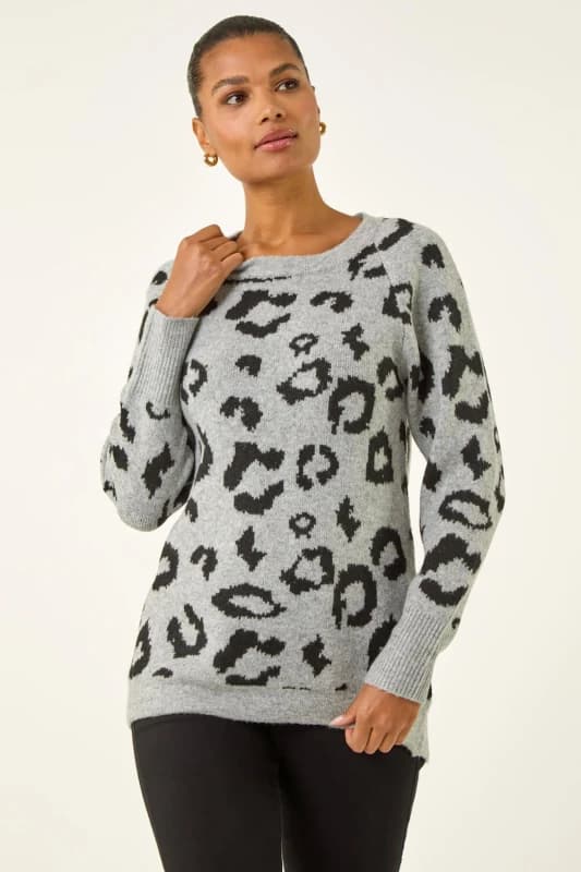 Roman Womens Jacquard Animal Print Jumper in Grey Size: 10 Grey Female 10