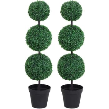 Set of 2 Artificial Trees Plants 3 Balls w/ Black Cement Pot - Outsunny