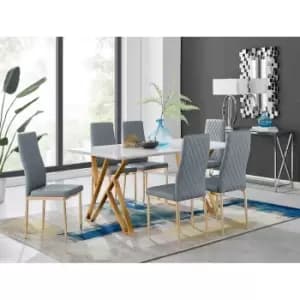 Furniture Box Taranto White High Gloss Dining Table and 6 Grey Gold Leg Milan Chairs