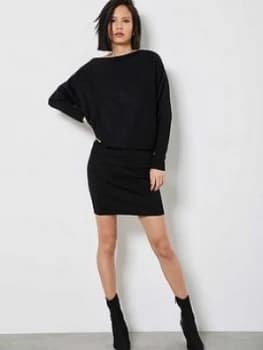 Mint Velvet Metallic Batwing Off The Shoulder Dress - Black