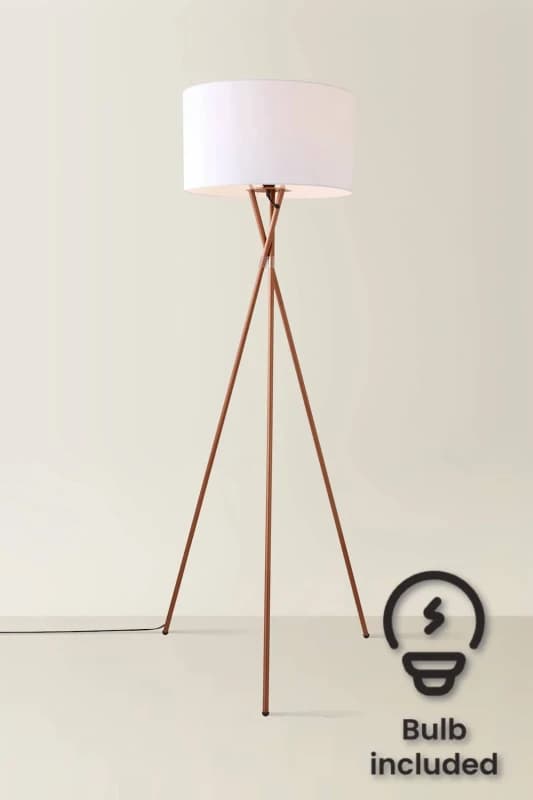 ValueLights ValueLights Camden Copper Metal Tripod Floor Lamp with Drum Lamp Shade and Bulb in White White One Size Unisex 5055759993191