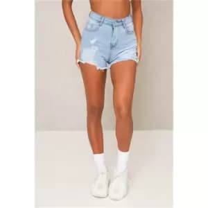 I Saw It First Mid Wash High Waisted Distressed Stretch Denim Shorts - Blue
