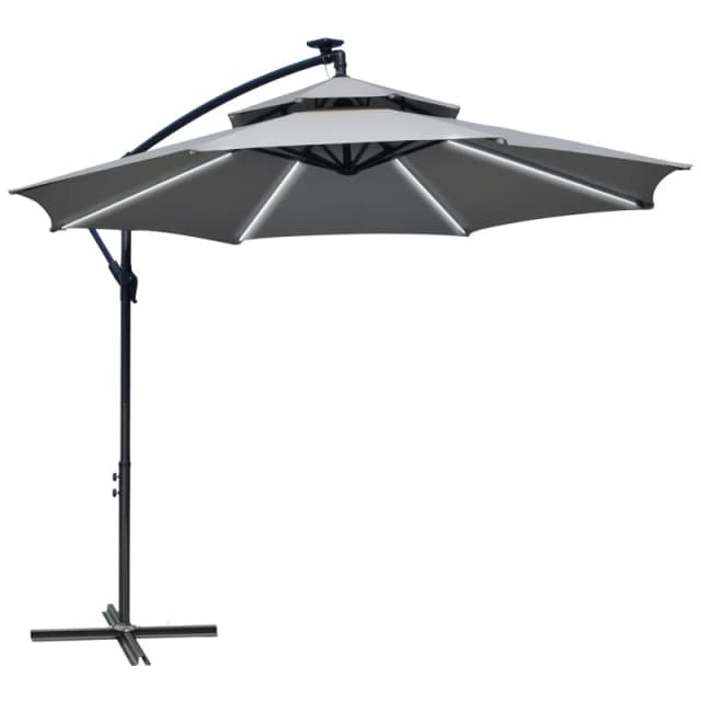 Outsunny 3(m) Cantilever Parasol Hanging Banana Umbrella w/ lights, Light Grey - Outsunny 5056725532284