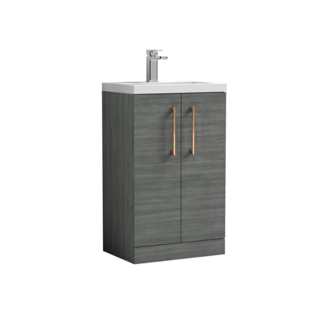 Balterley Level Compact Bathroom Cloakroom Vanity Basin Unit With Ceramic Basin, Copper Handles, 500mm, Woodgrain Grey
