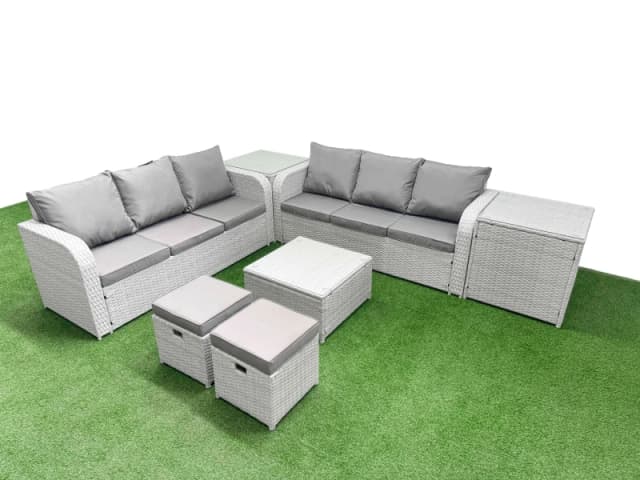 Fimous Outdoor Garden Furniture Sets 8 Seater Wicker Rattan Furniture Sofa Sets with Square Coffee Table high Back Lounge Sofa Stools 2 Side Table Lig