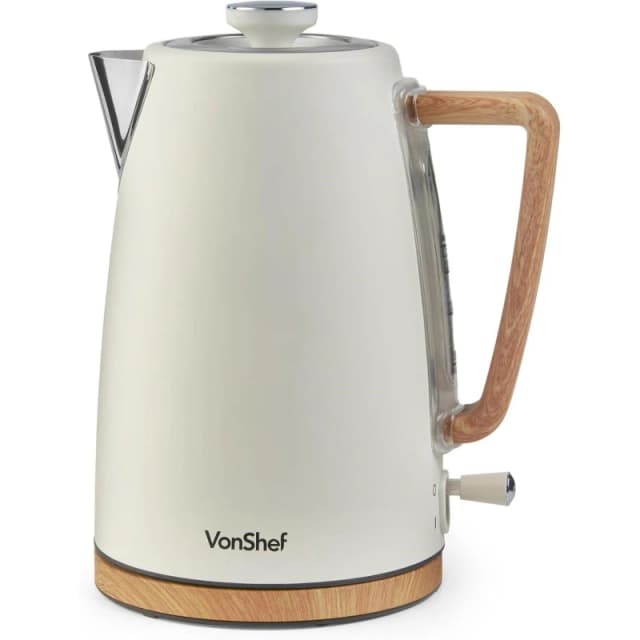 VonShef 3000W Rapid Boil 1.7L Matte Cream and Wood Effect Kettle Beige unisex