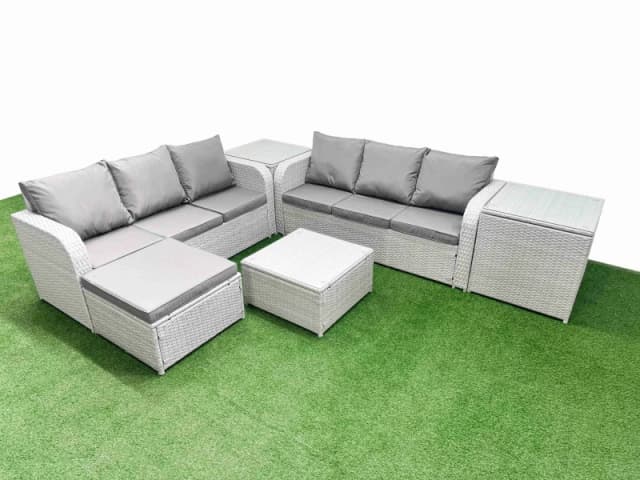 Fimous Outdoor Garden Furniture Sets 7 Seater Wicker Rattan Furniture Sofa Sets with Square Coffee Table high Back Lounge Sofa Big Footstool 2 Side Ta
