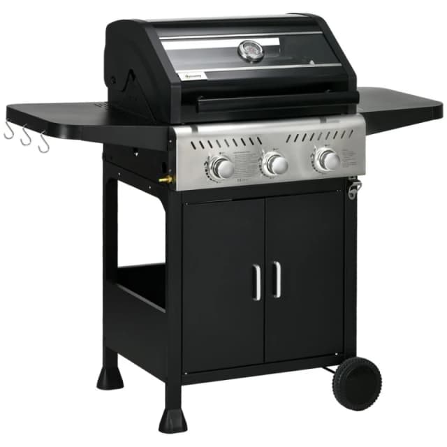 Outsunny 3 Burner Propane Gas bbq Grill with See-through Lid and Thermometer - Black - Outsunny 5056725516673