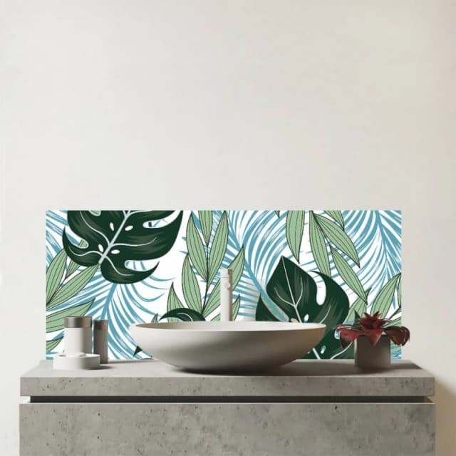 Warren Reed - Designer Tropical Pattern, Bright Plants, Flowers Glass Bathroom Splashback in Green Green Unisex