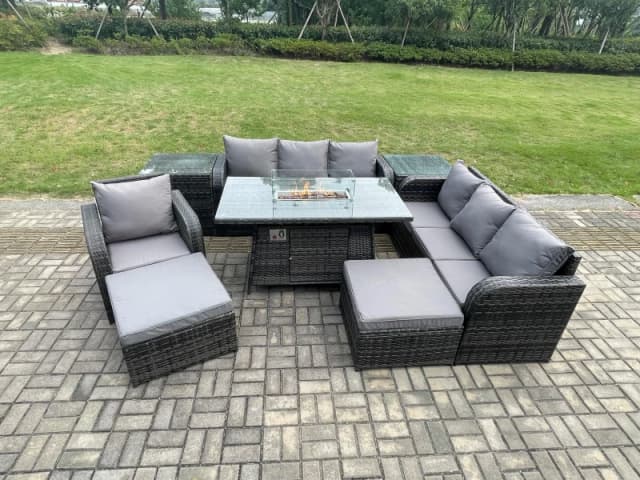 Fimous 9 Seater Rattan Garden Furniture Set Gas Fire Pit Dining Table Reclining Chair 3 Seater Sofa Set Indoor Outdoor with 2 Side Tables Dark Grey