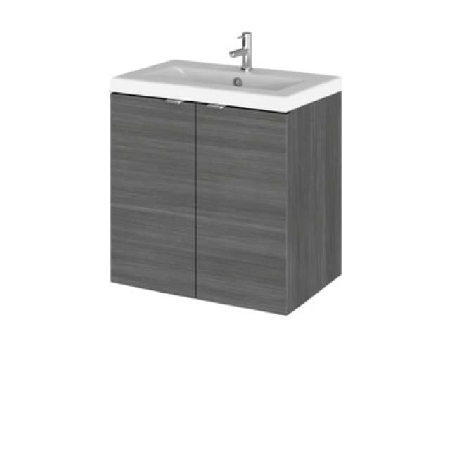 Hudson Reed Fusion Wall Hung 2 Door Vanity Unit & Ceramic Basin, Sink Vanity Unit, Anthracite Woodgrain, 500mm