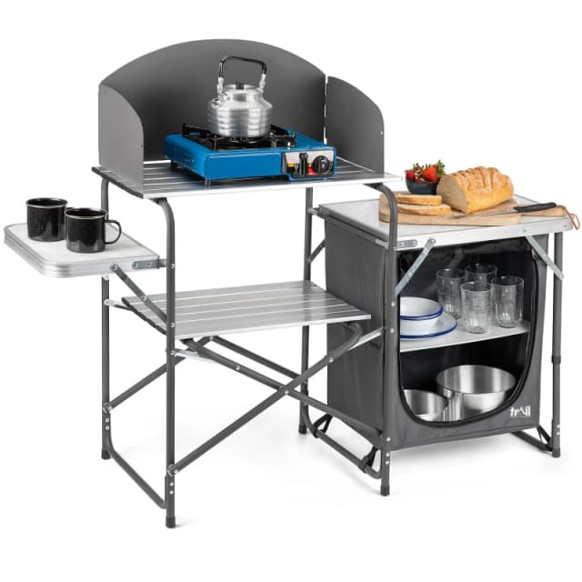 Trail Outdoor Leisure Trail Camping Kitchen Stand Unit Folding Aluminium Cooking Station With Windshield Multicolor Unisex