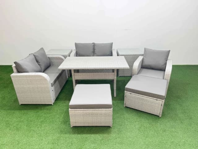 Fimous High Back Poly Rattan Garden Furniture Set with Reclining Chair Loveseat Sofa Rectangular Dining Table Indoor Outdoor Patio Set 2 Big Stool 2